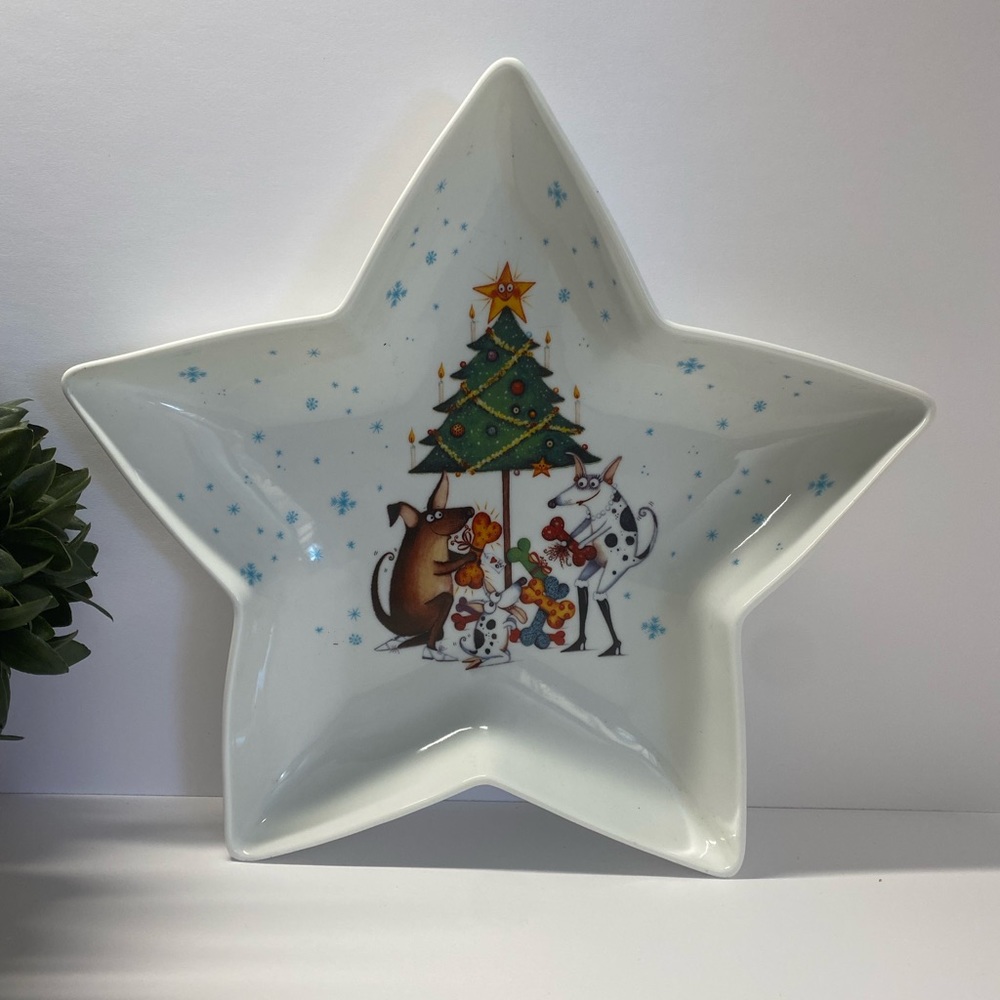2005 Clare Mackie Royal Worcester Star Dish ~  Whimsical Dogs "Around The Tree"
